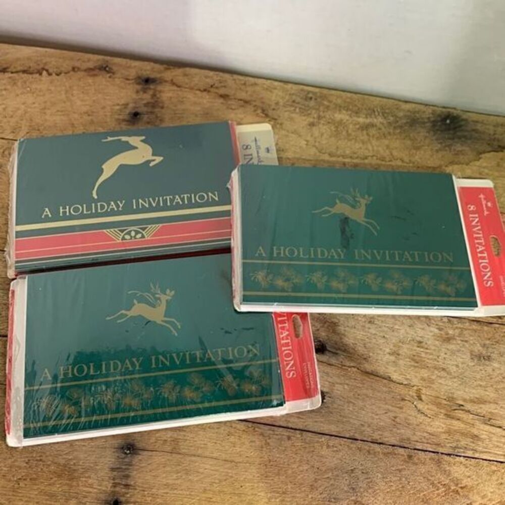 VTG Hallmark holiday invitation cards reindeer red green gold